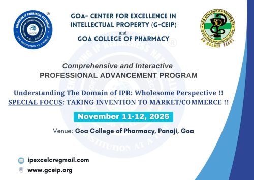 2 Day Comprehensive & Interactive Professional Advancement Program on IPR- Goa College of Pharmacy, Goa- Nov. 11-12, 2025